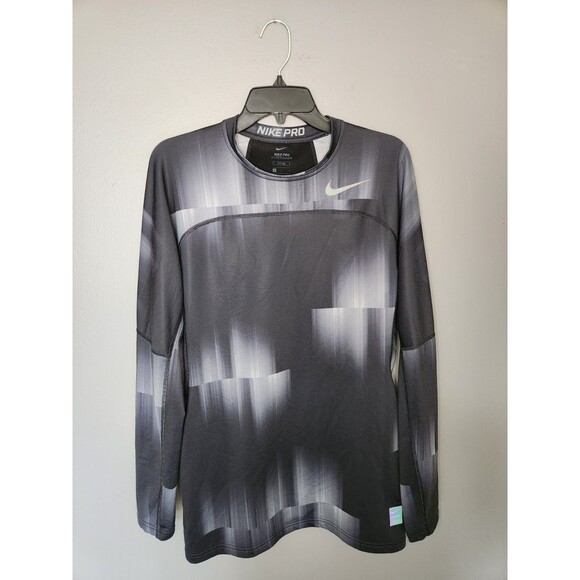 Nike Pro Shirt Men's L Black Gray Long Sleeve Hyperwarm Fitted Stretch Geometric - Picture 2 of 7